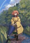  1girl :o absurdres bell blue_sky boots brown_boots cloud commentary_request day full_body grass hair_bell hair_ornament highres holding holding_umbrella jingle_bell long_sleeves motoori_kosuzu nanaironokabi open_mouth orange_hair outdoors puddle purple_umbrella rainbow raincoat red_eyes shirt short_hair sky solo standing touhou tree two_side_up umbrella walking white_shirt wide_sleeves yellow_raincoat 