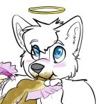  1:1 arctic_fox artie black_nose blush canid canine coren_(artist) diaper eating_feces eyebrows feces fox fur halo mammal messy_diaper open_diaper scat simple_background smearing soiling white_background white_body white_fur 