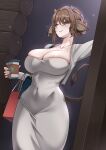  1girl absurdres animal_ears bag black_bag breasts brown_hair collarbone commentary covered_navel cow_ears cow_horns cow_tail cup disposable_coffee_cup disposable_cup dongtan_dress dress english_commentary grey_dress handbag highres holding holding_cup horns indie_virtual_youtuber mchiefy mu_chanterelle purple_eyes purple_nails solo tail virtual_youtuber 
