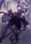  1girl absurdres arcaea bare_shoulders black-haired_demon_girl_(shimmer) black_choker black_hair black_pantyhose blue_eyes bow celia. choker clothing_cutout commentary_request cross-laced_clothes cross-laced_dress detached_sleeves dress frilled_dress frilled_skirt frilled_sleeves frills gem hair_bow high_heels highres layered_dress long_hair long_sleeves off_shoulder pantyhose purple_pantyhose shoulder_cutout skirt solo tairitsu_(arcaea) tairitsu_(reunion)_(arcaea) twintails white_bow wide_sleeves 