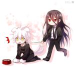  2boys :d ^^^ animal_ears animal_hands black_hair black_necktie bowl danganronpa_(series) danganronpa_2:_goodbye_despair danganronpa_another_episode:_ultra_despair_girls deformed dog_boy dog_ears dog_tail erosmral expressionless green_eyes holding holding_leash jacket kamukura_izuru komaeda_nagito leash multiple_boys necktie official_alternate_costume open_clothes open_jacket pet_bowl red_eyes servant servant_(danganronpa) shirt smile striped_clothes striped_shirt tail tail_wagging tuxedo white_background white_shirt 
