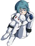  blue_eyes blue_hair blush commentary_request gundam head_on_knees highres kamille_bidan sitting spacesuit uninterested white_background zeta_gundam 