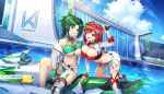  2girls :d asymmetrical_docking bikini breast_press breasts cleavage closed_mouth day dolphin_hair_ornament dolphin_wave game_asset green_bikini green_eyes green_hair green_scrunchie grin hair_intakes hair_ornament hair_scrunchie hand_on_another's_head harunami_anri highres jet_ski kneehighs large_breasts leaning_back looking_at_another multiple_girls navel non-web_source official_art on_jet_ski one_eye_closed one_side_up ootomo_takuji outdoors red_bikini red_hair sakimiya_iruka scrunchie self-datamine single_kneehigh single_sock skindentation smile socks solo swimsuit thigh_strap underboob water watercraft 