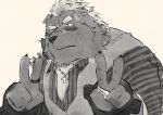  5_fingers anthro bandage barghest_(tas) barguest_(tas) blush clothing cross cross_necklace double_v_sign fingers fur gesture hair hi_res jewelry male mammal monochrome necklace ring sawch_cls scar shackles simple_background solo striped_shirt tokyo_afterschool_summoners topwear ursid v_sign vest video_games 