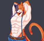  2020 abs anthro belt belt_buckle black_background black_body black_fur bobaocto bottomwear brown_body brown_fur calico_cat clothing domestic_cat epic_games felid feline felis fortnite fur hands_behind_head hi_res jeans male mammal meowscles_(fortnite) multicolored_body multicolored_fur muscular muscular_male pants pose signature simple_background solo sparkles video_games white_body white_fur 