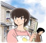  2boys 2girls apron black_hair blue_sky bow broom brown_jacket building chick_print cloud cloudy_sky commentary_request godai_yuusaku hair_bow holding holding_broom jacket maison_ikkoku multiple_boys multiple_girls otonashi_kyouko pink_sweater piyo_piyo_apron rooftop roppongi_akemi shirt short_hair sky smile sweater tile_roof tile_wall tiles uesuto_(westriver) white_apron white_shirt window yellow_bow yotsuya 
