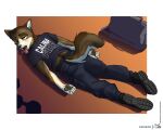  anthro boots bottomwear canid canine canis clothed clothing digital_media_(artwork) english_text footwear foxboy83 fur half-closed_eyes hi_res lying male mammal narrowed_eyes on_front one_eye_closed open_mouth pants shirt shoes solo tail text text_on_clothing text_on_shirt text_on_topwear tired tongue tongue_out topwear wolf 
