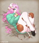  &lt;3 2019 anthro big_breasts bottomless bovid bovine breasts cattle clothed clothing ear_piercing ear_ring facial_piercing female green_eyes hair hooves horn luckypan mammal nose_piercing nose_ring piercing pink_hair 