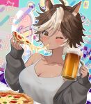  1girl absurdres ahoge alcohol alternate_costume animal_ear_fluff animal_ears beer beer_mug breasts brown_eyes brown_hair cleavage closed_mouth collarbone cup eating food food_in_mouth grey_jacket hair_between_eyes highres holding holding_cup holding_food holding_pizza horse_ears horse_girl indie_virtual_youtuber jacket long_sleeves mug multicolored_hair one_eye_closed open_clothes open_jacket pecco_(pecco297) pizza pizza_slice purple_hair second-party_source shirt solo tomoe_umari virtual_youtuber white_hair white_shirt 