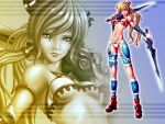  armlet armor armored_legwear ayumi_(x-blades) bare_shoulders bikini blonde_hair blue_eyes boots breasts bridal_gauntlets bustier dual_wielding evilflesh fingerless_gloves gloves gradient_background gunblade hair_ornament holding holding_sword holding_weapon jewelry long_hair low_twintails medium_breasts navel over_shoulder red_boots stomach_tattoo strapless swimsuit sword sword_over_shoulder tattoo tri_tails tube_top twintails weapon weapon_over_shoulder white_bikini white_bustier white_gloves white_tube_top wristband x-blades 