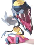  bright_pupils colored_skin extra_mouth highres living_hair looking_at_viewer mawile mega_mawile mega_pokemon pokemon pokemon_(creature) pokemon_focus pokemon_x_and_y red_eyes sake_maguro saliva sharp_teeth sitting teeth white_background white_pupils yellow_skin 