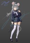  1girl :o absurdres animal_ears black_bow black_shoes blue_cardigan blue_shirt blue_skirt blush bow breasts cardigan chinese_commentary clothes_writing commentary_request dated fingernails foregrip full_body gradient_background grey_background grey_hair gun hair_bow hair_intakes hand_up high_ponytail highres holding holding_gun holding_weapon jacket jerry_wang legs loafers long_hair long_sleeves looking_at_viewer mouse_ears mouse_girl mouse_tail neckerchief open_mouth optical_sight original pleated_skirt ponytail pump_action purple_eyes remington_870 sailor_collar school_uniform serafuku shirt shoes shotgun sidelocks signature skindentation skirt solo standing tail thighhighs thighs trigger_discipline vertical_foregrip watermark weapon white_neckerchief white_thighhighs zettai_ryouiki 