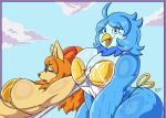  accessory anthro avian beak big_breasts big_butt bikini bird blue_body blue_eyes blue_feathers blue_hair bow_ribbon breasts butt canid canine canis ceroba_ketsukane clothing duo eyelashes eyewear feathers female fox fur glasses gold_bikini hair hair_accessory hair_bow hair_ribbon headgear hi_res looking_at_viewer mammal martlet_(undertale_yellow) nidozard orange_body orange_fur orange_hair ribbons rinarooni simple_background smile smiling_at_viewer sunglasses swimwear thick_thighs topwear two-piece_swimsuit undertale undertale_(series) undertale_yellow underwear wet wet_clothing 