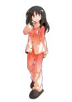  1girl alternate_costume black_eyes black_hair black_slippers buttons collarbone commentary_request commission dairi full_body gradient_clothes gradient_pants gradient_shirt hair_between_eyes hakurei_reimu hand_on_own_neck large_variant_set long_hair long_sleeves looking_at_viewer open_mouth pajamas pants red_pants red_shirt shirt simple_background skeb_commission slippers solo standing tachi-e touhou transparent_background variant_set 