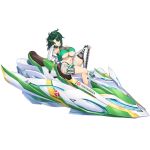  1girl bikini breasts closed_mouth dolphin_wave full_body game_asset green_bikini green_hair hand_on_own_face hand_on_own_knee harunami_anri highres jet_ski kneehighs large_breasts leaning_back looking_at_viewer navel non-web_source official_art on_jet_ski ootomo_takuji self-datamine single_kneehigh single_sock sitting skindentation smile socks solo swimsuit thigh_strap transparent_background underboob watercraft 