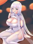  1girl azur_lane bangs blue_eyes breasts dress highres illustrious_(azur_lane) kdkaikai large_breasts long_hair looking_at_viewer mole mole_under_eye nightmare silver_hair simple_background sitting sitting_on_lap sitting_on_person solo thighhighs tight white_dress white_hair white_legwear 