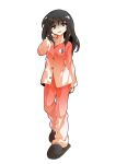  1girl alternate_costume black_hair black_slippers buttons collarbone commentary_request commission dairi full_body gradient_clothes gradient_pants gradient_shirt hair_between_eyes hakurei_reimu hand_on_own_neck large_variant_set long_hair long_sleeves open_mouth pajamas pants red_pants red_shirt shaded_face shirt simple_background skeb_commission slippers smile solo standing tachi-e touhou transparent_background variant_set 