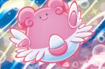  black_eyes blissey closed_mouth creature crescent_moon flower full_body gen_2_pokemon happy looking_at_viewer mahou moon night night_sky no_humans official_art outdoors pokemon pokemon_(creature) pokemon_trading_card_game sky smile solo sparkle star_(sky) third-party_source 