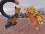  3d_(artwork) 4:3 anthro blender_(artwork) carapace chespin digital_media_(artwork) duo fan_character generation_6_pokemon generation_9_pokemon hiddenmask18 nintendo pawmot pokemon pokemon_(species) red_eyes sand stinger stinger_tail tail text url wings 