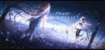  2girls absurdres bare_shoulders black_skin blonde_hair blue_pants blue_shirt colored_skin crown detached_sleeves elbow_gloves english_text gloves highres landscape long_hair miracle_7y multiple_girls navel original pants shirt skirt sword thighs weapon white_gloves white_skirt 