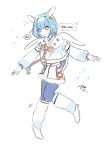  1boy absurdres androgynous angel_wings animal_ears blue_hair blue_hood blue_leg_warmers blush bow ensemble_stars! fake_animal_ears full_body fur-trimmed_hood fur_trim grey_background hair_ornament highres hood korean_text leg_warmers male_focus multicolored_hood multicolored_leg_warmers nailoko orange_bow purple_eyes rabbit_ears shino_hajime shino_hajime_(album_trip) short_hair simple_background solo sparkle speech_bubble star_(symbol) star_hair_ornament translation_request white_hood white_leg_warmers white_wings wings 