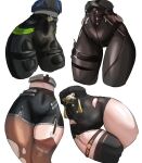  4girls absurdres commentary curvy deser99 english_commentary evelyn_chevalier highres jane_doe_(zenless_zone_zero) lower_body multiple_girls narrow_waist single_thighhigh thick_thighs thigh_strap thighhighs thighs torn_clothes torn_thighhighs yixuan_(zenless_zone_zero) zenless_zone_zero zhu_yuan 