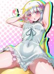  1girl absurdres arm_behind_head arm_up armpits ass_visible_through_thighs black_choker blush breasts bright_pupils choker colored_inner_hair commentary_request condom condom_packet_strip condom_wrapper covered_navel cowboy_shot dohna_dohna_issho_ni_warui_koto_o_shiyou dress dress_ribbon drop_shadow dutch_angle fellatio_gesture foreshortening frilled_dress frills from_below gabanborjarnon green_ribbon grey_hair hair_between_eyes hair_ornament hand_up heart heart_hair_ornament highres looking_at_viewer medium_hair multicolored_hair open_mouth pink_eyes pink_hair pinky_out polka_dot polka_dot_background porno_(dohna_dohna) ribbon shirt short_dress simple_background sitting sleeveless sleeveless_dress small_breasts solo spaghetti_strap speech_bubble spiked_choker spikes spoken_heart strap_slip striped_clothes striped_shirt sweat thighs tongue tongue_out white_background white_dress white_pupils 