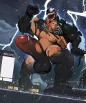  2boys abs absurdres ajin_(hirainaoto1) bara chinese_commentary claws clenched_hands clenched_teeth cloud commentary_request completely_nude dark_cloud eddie_brock erection highres large_penis large_testicles lightning male_focus marvel multiple_boys muscular muscular_male nipples nude open_mouth pectorals penis rain spider-man_(series) symbiote teeth testicles tongue tongue_out venom_(marvel) 