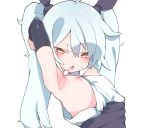  1girl ahoge armpits arms_up blush eyes_visible_through_hair fang highres kz_oji long_hair nipples open_mouth original short_eyebrows simple_background solo sweat teeth tongue twintails upper_body white_bag white_hair yellow_eyes 