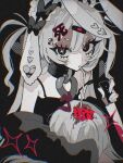  1girl animal_ears bandaid bandaid_hair_ornament bare_shoulders black_bow black_cape black_choker black_eyes blood bow cannibalism cape choker cross-shaped_pupils drinking_straw drinking_straw_in_mouth frilled_hairband frills hair_between_eyes hair_bow hair_ornament hairband holding holding_knife jacket knife off-shoulder_jacket off_shoulder open_clothes open_jacket original rabbit_ears short_hair solo sparkle symbol-shaped_pupils tabun_ningen white_hair white_hairband 