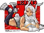  1girl :/ animal_ears ass bare_shoulders boku_no_hero_academia border breasts character_name commentary_request crescent_print crossed_ankles dark-skinned_female dark_skin dated english_text feet_up full_body fur_collar gloves hand_up highres hrnk8686 large_breasts legs legs_up leotard long_eyelashes long_hair looking_to_the_side lying mirko on_stomach on_stool parted_bangs purple_thighhighs rabbit_ears rabbit_girl rabbit_tail red_background red_eyes solo star_(symbol) star_print stool tail tail_through_clothes taut_leotard the_pose thick_thighs thighhighs thighs toned toned_female twitter_username very_long_hair white_border white_gloves white_hair white_leotard 