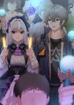  1boy 1girl ? ahoge ascot black_nails black_shirt blue_jacket bow bowtie breasts collarbone commentary_request concert gem green_eyes grey_hair hairband highres holding_lightstick ine_(ineinnen) jacket large_breasts lightstick long_hair long_sleeves looking_at_another mole mole_under_eye multicolored_hair open_mouth pointy_ears purple_ascot purple_bow purple_bowtie purple_gem purple_hair purple_hairband red_eyes shirt shrug_(clothing) streaked_hair vivian_banshee white_shrug wise_(zenless_zone_zero) zenless_zone_zero 