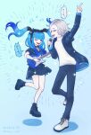  1boy 1girl amemiya_darumi aotsuki_eito black_bow black_hair black_shoes blue_background blue_hair bow choker commentary_request couple facial_mark fishnets glasses grey_hair guitar hair_bow heart heart_facial_mark hetero holding holding_guitar holding_instrument holding_microphone instrument jacket long_hair makeup mc2_pf microphone multicolored_hair musical_note open_mouth pants shirt shoes short_hair simple_background skirt smile sparkle the_hundred_line_-last_defense_academy- twintails white_shirt white_shoes 