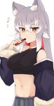  1girl absurdres animal_ear_fluff animal_ears breasts commentary_request crop_top eighth_note electronic_cigarette fur-trimmed_sleeves fur_trim grey_hair grey_skirt groin hand_up highres holding long_hair long_sleeves looking_at_viewer medium_breasts multicolored_hair musical_note navel nyaha orange_eyes original pleated_skirt puffy_long_sleeves puffy_sleeves red_hair simple_background skirt slash_vape smoke solo streaked_hair two-tone_hair white_background white_hair 