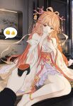  1girl absurdres ankle_ribbon arknights bare_shoulders barefoot chinese_clothes commentary_request coral_hair_ornament covering_own_mouth earrings feixianji_(hairstyle) fish_(food) fish_food food gradient_hair hair_ornament hair_rings hair_stick hand_over_own_mouth hanfu haruka_(arknights) haruka_(stranded_in_utopia)_(arknights) highres ikura_(food) indoors jewelry leg_ribbon long_hair long_sleeves looking_at_viewer makizushi multicolored_hair official_alternate_costume orange_eyes orange_hair original pointy_ears pov pov_hands red_hair ribbon roe spoken_emoji spoken_thumbs_up sushi user_ydak7334 very_long_hair wide_sleeves 