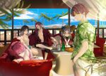  2boys 3girls anklet ayanokouji_kiyotaka barefoot black_camisole black_hair black_shorts blue_bow blue_eyes blue_sky bottle bow bracelet breasts brown_eyes brown_hair camisole collared_shirt commentary_request couch cup floral_print floral_print_skirt glass green_shirt hachigou hair_between_eyes hair_bow hands_in_pockets hat hawaiian_shirt highres holding holding_cup holding_pillow horikita_suzune ichinose_honami_(youjitsu) jewelry large_breasts long_hair looking_at_viewer lying medium_breasts medium_hair multiple_boys multiple_girls off-shoulder_jacket off_shoulder on_couch on_stomach outdoors palm_tree pants parasol pillow pink_hair ponytail print_skirt purple_ribbon red_bow red_eyes red_hair red_pillow red_shirt ribbon ryuuen_kakeru sakayanagi_arisu shirt short_hair short_ponytail shorts skirt sky small_breasts straw_hat tree umbrella unbuttoned unbuttoned_shirt very_long_hair white_camisole white_hair white_pants youkoso_jitsuryoku_shijou_shugi_no_kyoushitsu_e 