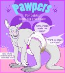  barefoot biped blush carnival-tricks claws clothed clothing dialogue diaper dipstick_ears english_text feces feral hi_res kangaroo macropod mammal marsupial messy_diaper multicolored_ears scat soiling solo speech_bubble text toe_claws topless 