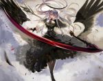  1girl absurdres angel angel_wings bangs black_dress black_footwear black_gloves black_legwear blood breasts cloud dated dress feathers fingerless_gloves gloves grey_hair halo highres holding holding_scythe holding_weapon long_hair nagasawa_tougo original pantyhose purple_neckwear scythe solo twitter_username weapon wings 