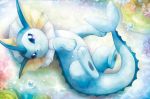  :3 blue_eyes bubble closed_mouth creature full_body gen_1_pokemon looking_at_viewer lying no_humans official_art on_back pokemon pokemon_(creature) pokemon_trading_card_game sui_(petit_comet) third-party_source underwater vaporeon water 