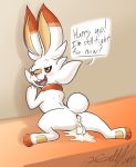  2019 3_toes after_sex against_wall anthro anus backsack balls blush bodily_fluids cum cum_in_ass cum_inside cum_on_balls dialogue english_text genital_fluids genitals half-closed_eyes lagomorph looking_at_viewer looking_back male male/male mammal narrowed_eyes nintendo open_mouth pok&eacute;mon pok&eacute;mon_(species) scorbunny solo speech_bubble text toeless_(marking) toes video_games xilrayne 