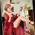  1girl alcohol book brown_eyes brown_hair cellphone commentary couch cup dress drinking_glass english_commentary feet_on_table figure fur-trimmed_sleeves fur_trim hands_up hatsune_miku high_heels holding holding_phone indoors kaito lipstick makeup meiko mirror mixed-language_commentary nail_polish one_eye_closed phone plant potted_plant pursed_lips red_dress red_footwear red_nails self_shot shelf sitting smartphone solo vocaloid wine wine_glass yen-mi 