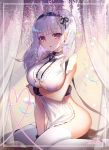  1girl apple_caramel apron azur_lane black_hairband blush breasts dido_(azur_lane) earrings eyebrows_visible_through_hair floral_background frills hairband highres jewelry large_breasts long_hair looking_at_viewer naked_apron pink_eyes silver_hair sleeveless solo thighhighs underboob underboob_cutout waist_apron white_apron white_legwear 