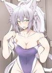  1girl agrius_metamorphosis ahoge animal_ears atalanta_(alter)_(fate) atalanta_(fate) bangs bare_shoulders blue_swimsuit breasts cat_ears collarbone commentary_request covered_navel eyebrows_visible_through_hair fate/grand_order fate_(series) green_eyes grey_hair hair_between_eyes large_breasts long_hair nahu open_mouth solo swimsuit upper_body white_hair 