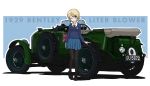  1girl ;) bangs bentley_blower black_footwear black_legwear black_neckwear blonde_hair blue_eyes blue_skirt blue_sweater braid car closed_mouth commentary country_connection darjeeling_(girls_und_panzer) dress_shirt emblem girls_und_panzer ground_vehicle heel_up highres kano_(nakanotakahiro1029) loafers long_sleeves looking_at_viewer miniskirt motor_vehicle necktie one_eye_closed outline pantyhose pleated_skirt school_uniform shadow shirt shoes short_hair skirt smile solo st._gloriana&#039;s_(emblem) st._gloriana&#039;s_school_uniform standing sweater tied_hair twin_braids union_jack v-neck white_outline white_shirt wing_collar 