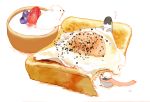  4others artist_name bear bird chai commentary_request food fruit highres looking_at_another looking_at_viewer multiple_others no_humans original penguin pepper scarf simple_background sitting_on_food strawberry sunny_side_up_egg toast translated white_background yogurt 