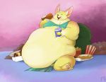  belly big_belly canid canine clothed clothing eating featherhead female fennec food fox mammal morbidly_obese obese overweight overweight_female sitting solo 