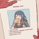  1other blue_hair blush byleth_(fire_emblem) byleth_(fire_emblem)_(female) closed_eyes eating english_text eyebrows_visible_through_hair fire_emblem fire_emblem:_three_houses food medium_hair missing_poster out_of_frame poster_(object) pov pov_hands radiostarkiller solo 