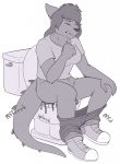  anthro biped breasts carnival-tricks clothed clothing digital_media_(artwork) eyebrows eyes_closed feces female footwear fur hair hi_res mammal monochrome on_toilet pants_down partially_clothed pooping scat shirt shoes simple_background sitting smearing solo sound_effects topwear white_background 
