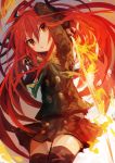  1girl absurdres arms_up bangs black_legwear black_skirt buttons eyebrows_visible_through_hair hair_between_eyes highres holding holding_sword holding_weapon jewelry kaamin_(mariarose753) long_hair long_sleeves open_mouth pendant red_eyes red_hair shakugan_no_shana shana skirt solo sword thighhighs weapon 
