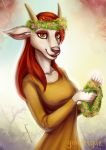  2020 5_fingers absurd_res amber_(goatesque) anthro bovid bovine breasts caprine clothed clothing female fingers flower flower_crown fur goat goatesque hair hi_res horn long_ears looking_at_viewer mammal plant red_hair safe signature simple_background single smile solo yellow_eyes 